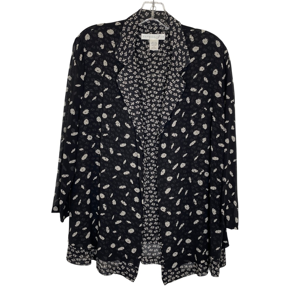 Vintage 80s Express Silk Black White Open Front Blouse Jacket Dark Floral Boho S